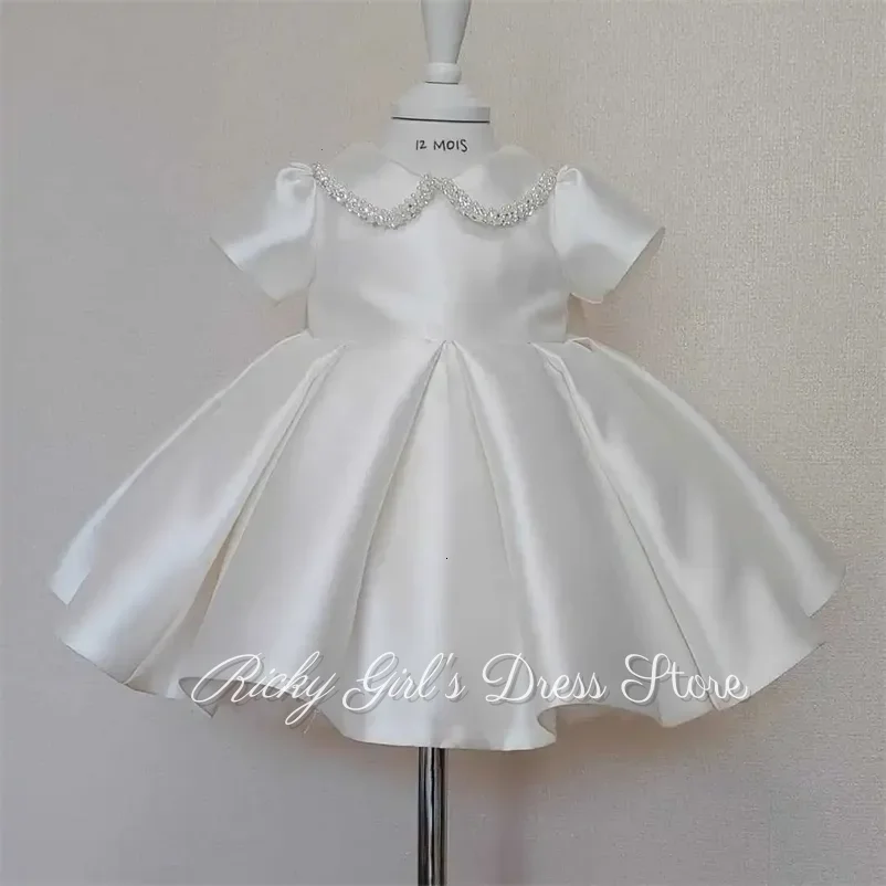 Cute Short Sleeve Princess Dress For Girls White Doll Collar Satin Flower Girl Dresses Children's Fashionable Formal Customized