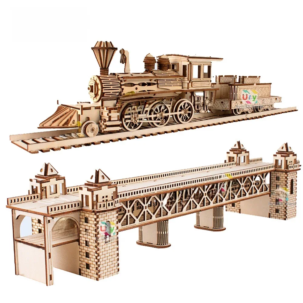 Ury – Puzzle 3D en bois, Train à vapeur rétro avec pont ferroviaire, assemblage fait à la main, modèle de camion, jouets de bricolage, décoration, cadeau pour enfants