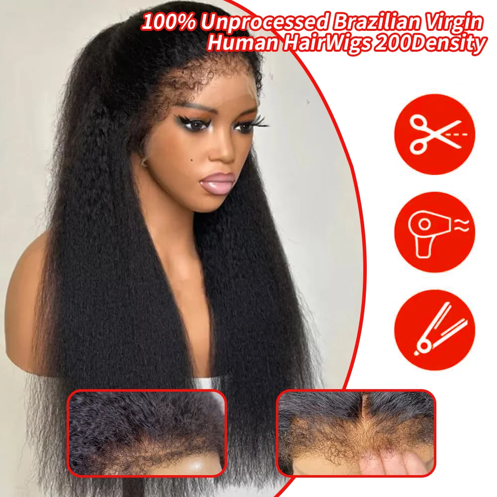 

Парик с прямой текстурой Kinky Straight, 13x4, с прозрачной фронтальной застежкой, 200% плотность, из 100% натуральных волос, 7x5, без клея, для женщин