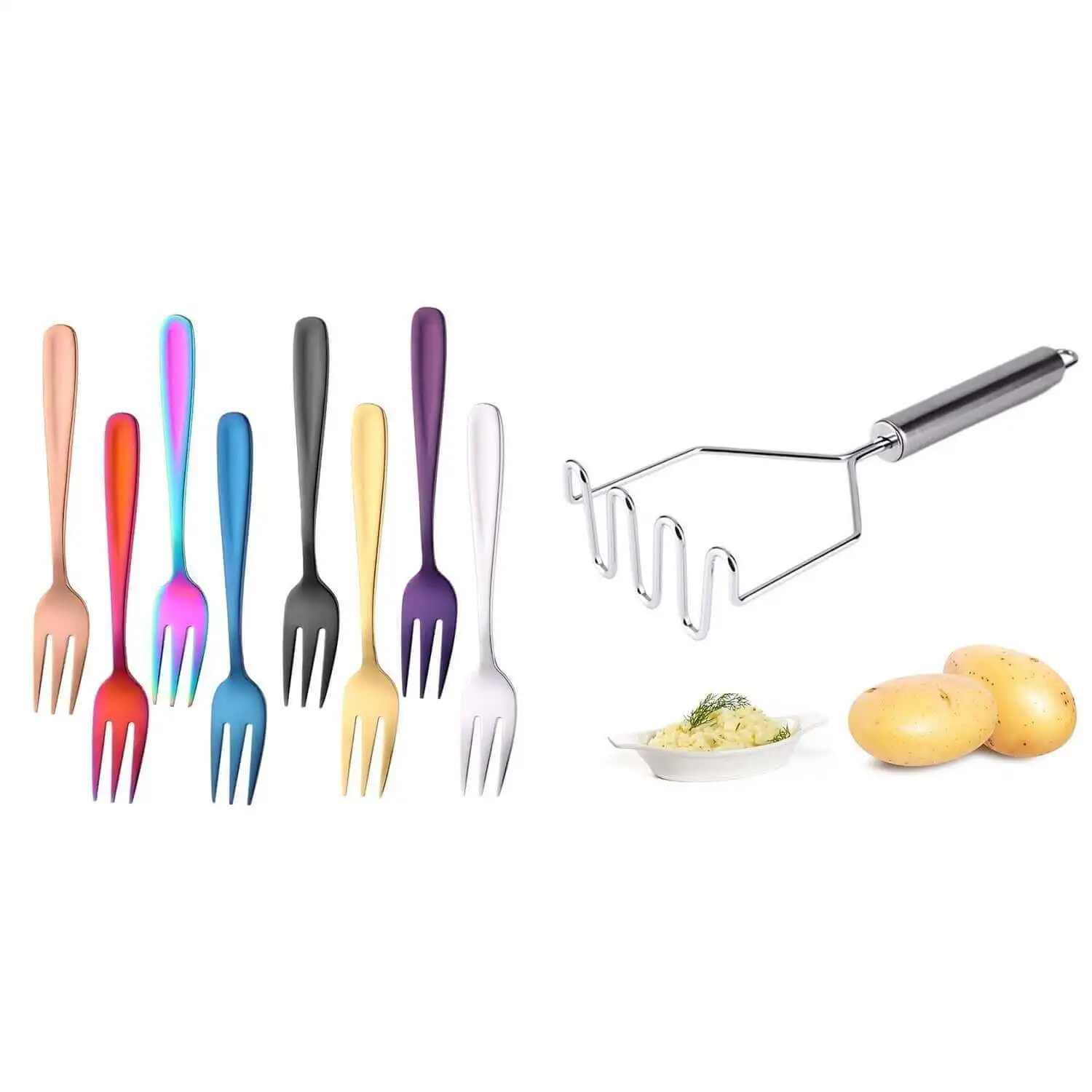 

Salad Forks, Stainless Forks & Potato Masher, Potato Masher Stainless Steel, Dinner Forks, Appetizer Forks Dessert Fork(9 Pcs)