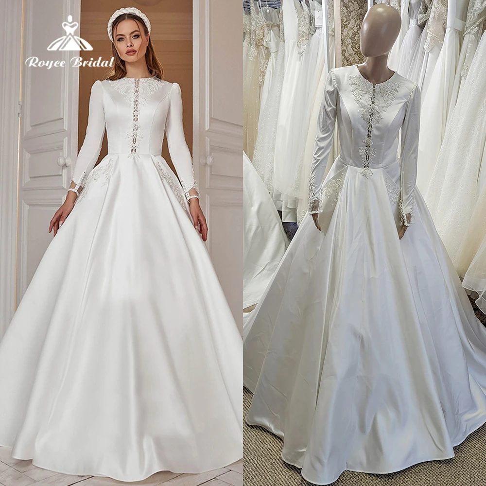 Elegant O Neck Back Button Lace Satin A-Line Muslim Wedding Dress White Long Sleeve Bride Gowns For Women 2023 Vestidos De Novia