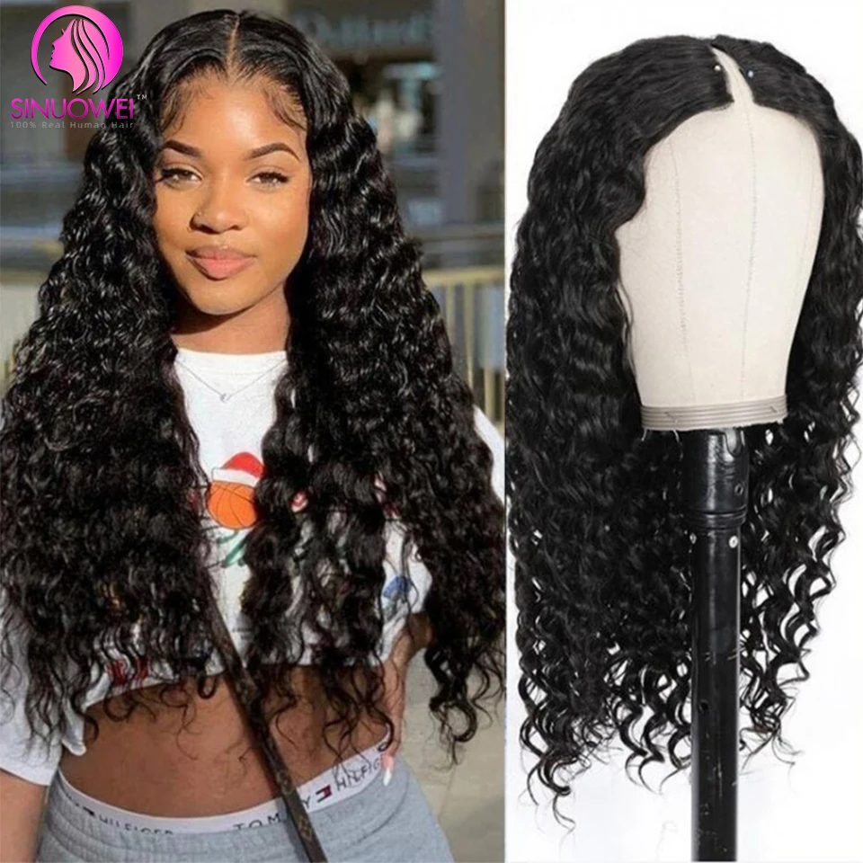 Brazilian Water Wave V Part Wig Human Hair No Leave Out Wigs for Women 10-28 Inches Curly Wigs Glueless Remy 150% Density