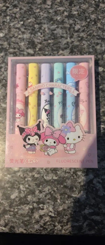 Sanrio Eye-Friendly Highlighter 6-Piece Set (Kuromi, My Melody) — Soft-tone soft-tip markers; high-capacity, cute stationery photo review