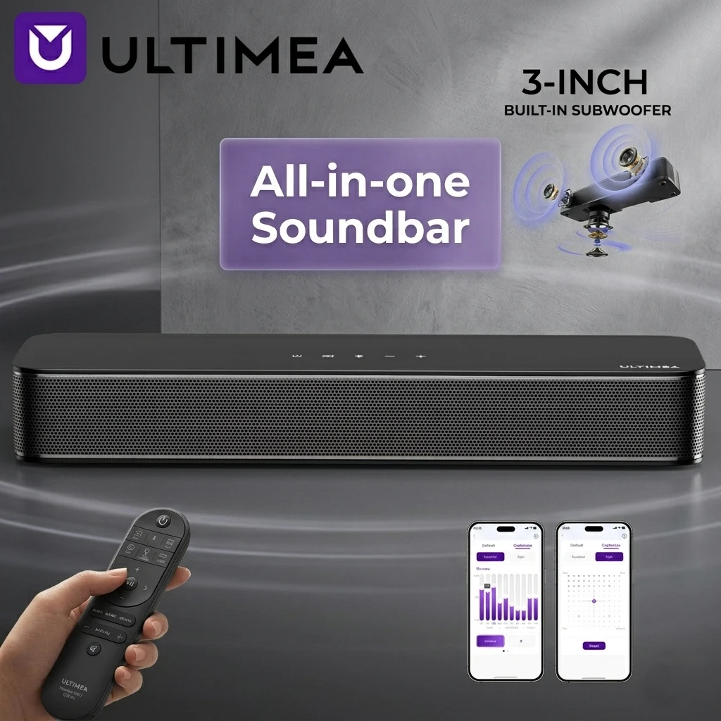Barra de Sonido Compacta ULTIMEA de 2.1 Canales para TV con Control por Aplicación, Subwoofer Integrado de 3 Pulgadas BassMX ™ Barra de Sonido Todo en Uno para PC para Juegos