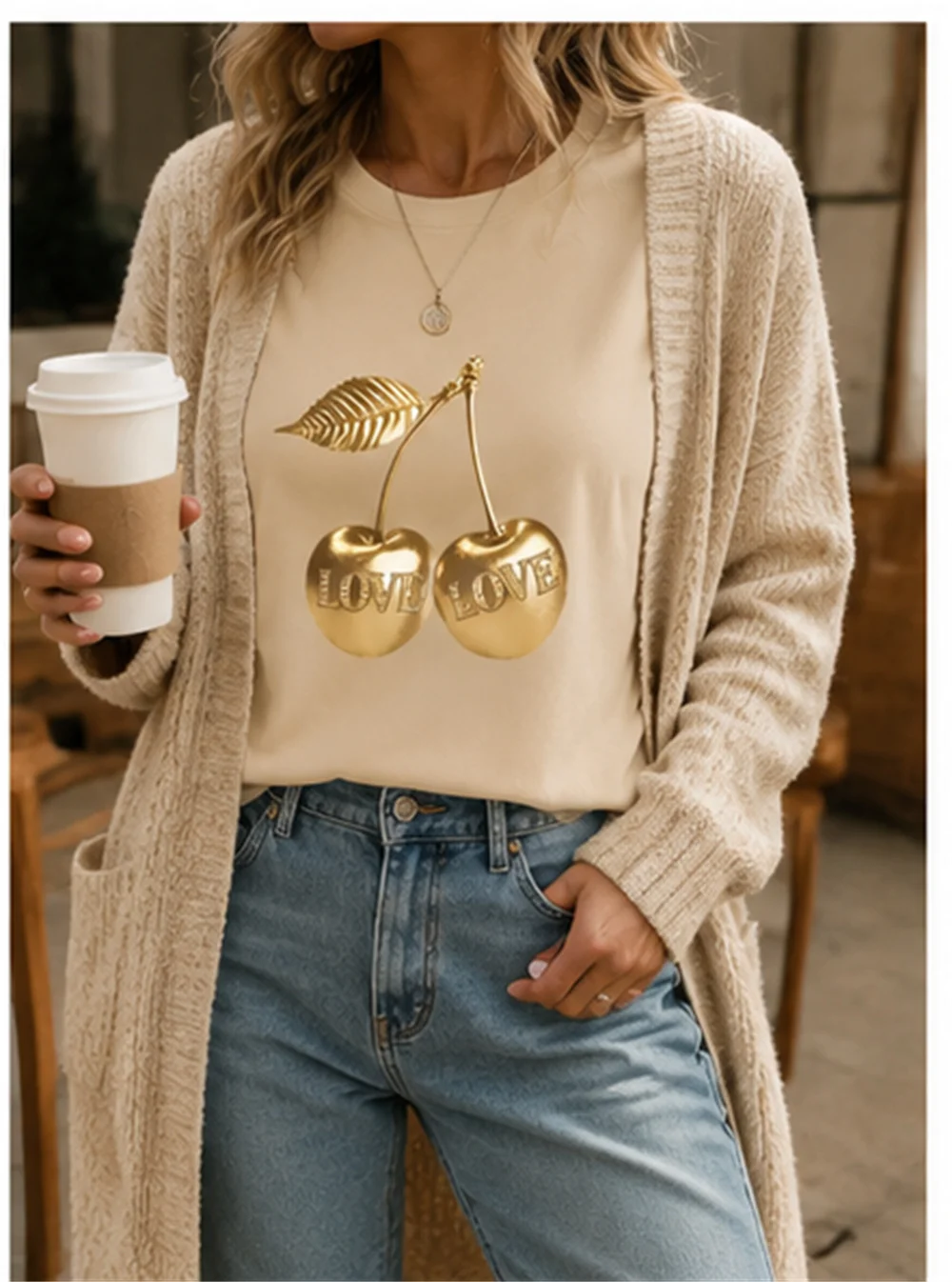 Golden Cherry Printed Women'S Short Sleeve T-Shirt Fashionable Casual Tee Women'S Casual Spring/Summer Women'S T-Shirt