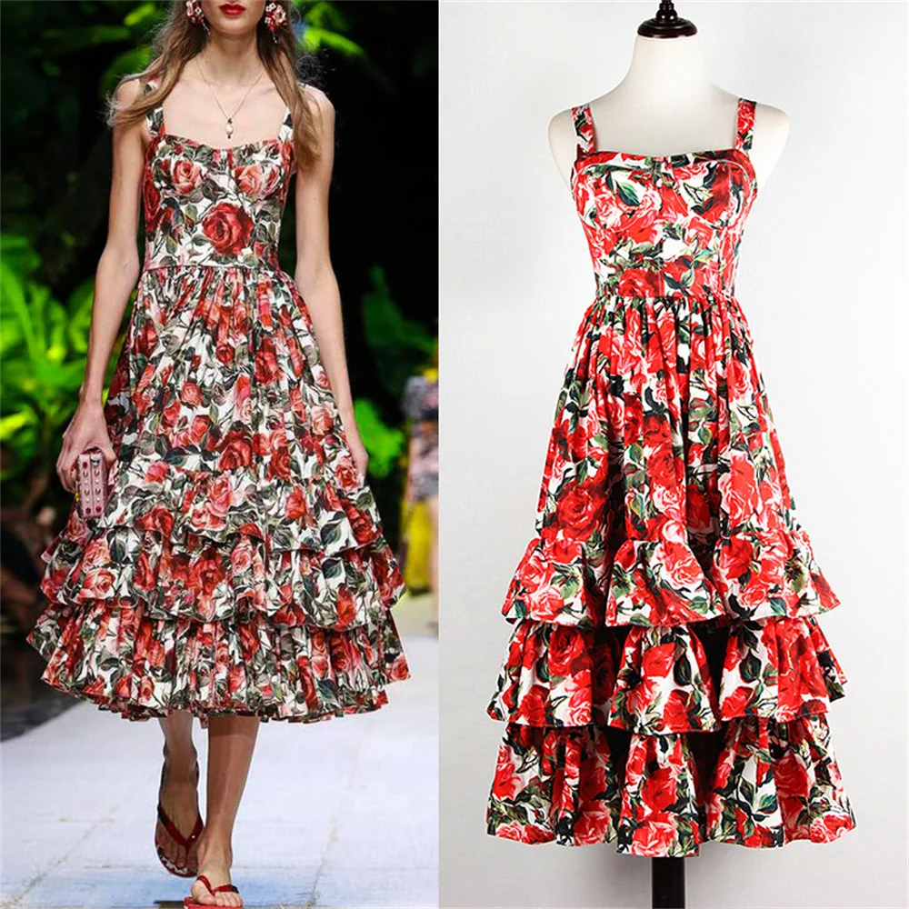 

Luxury Designer Summer Women Floral Printed Midi Dress High Quality Female Casual Bohemian Long Dress Runway Fashion 2024