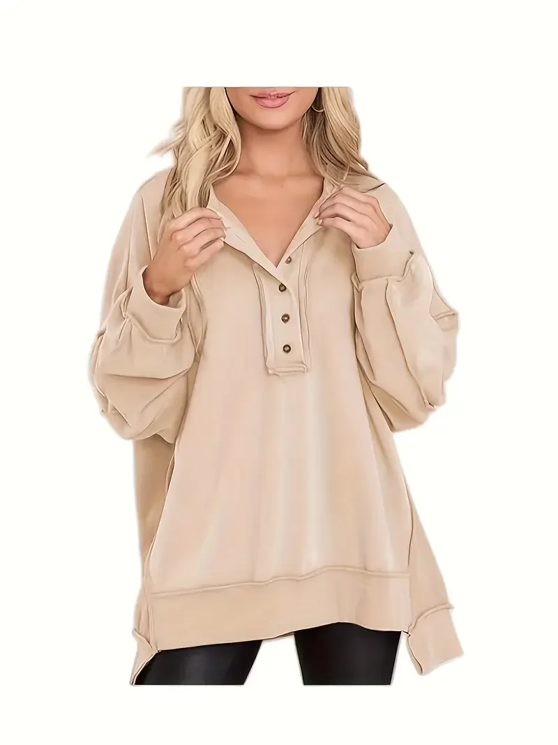 

Толстовка для женщин, большие повседневные пуловеры с длинными рукавами и пуговицами на пуговицах, туника, топы, осенняя мода