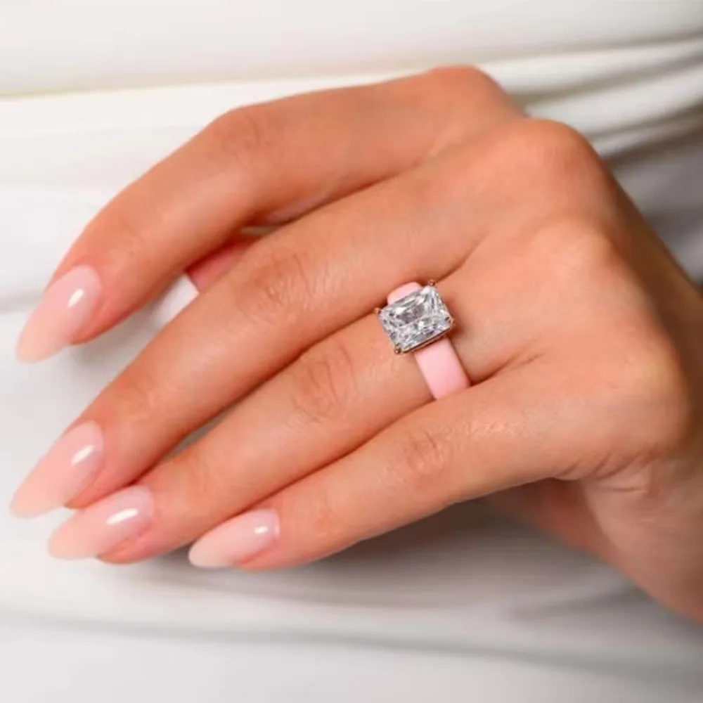 Women's Silicone Ring with Large Rectangle CZ Stone, Rose Gold Prong Setting, Comfortable Sport Wedding Band, Anti-allergy Jewel image 3