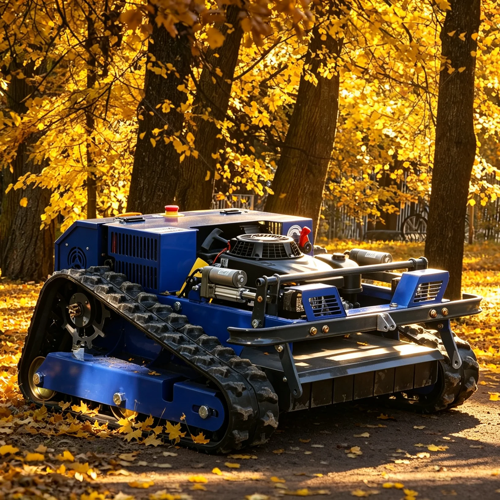 This smart, remote-controlled lawn mower is powered by a Loncin gasoline engine and features a 750W brushless drive motor. It offers an adjustable cutting height of 2–15 cm and has a 1.2L fuel tank, allowing for one hour of operation.