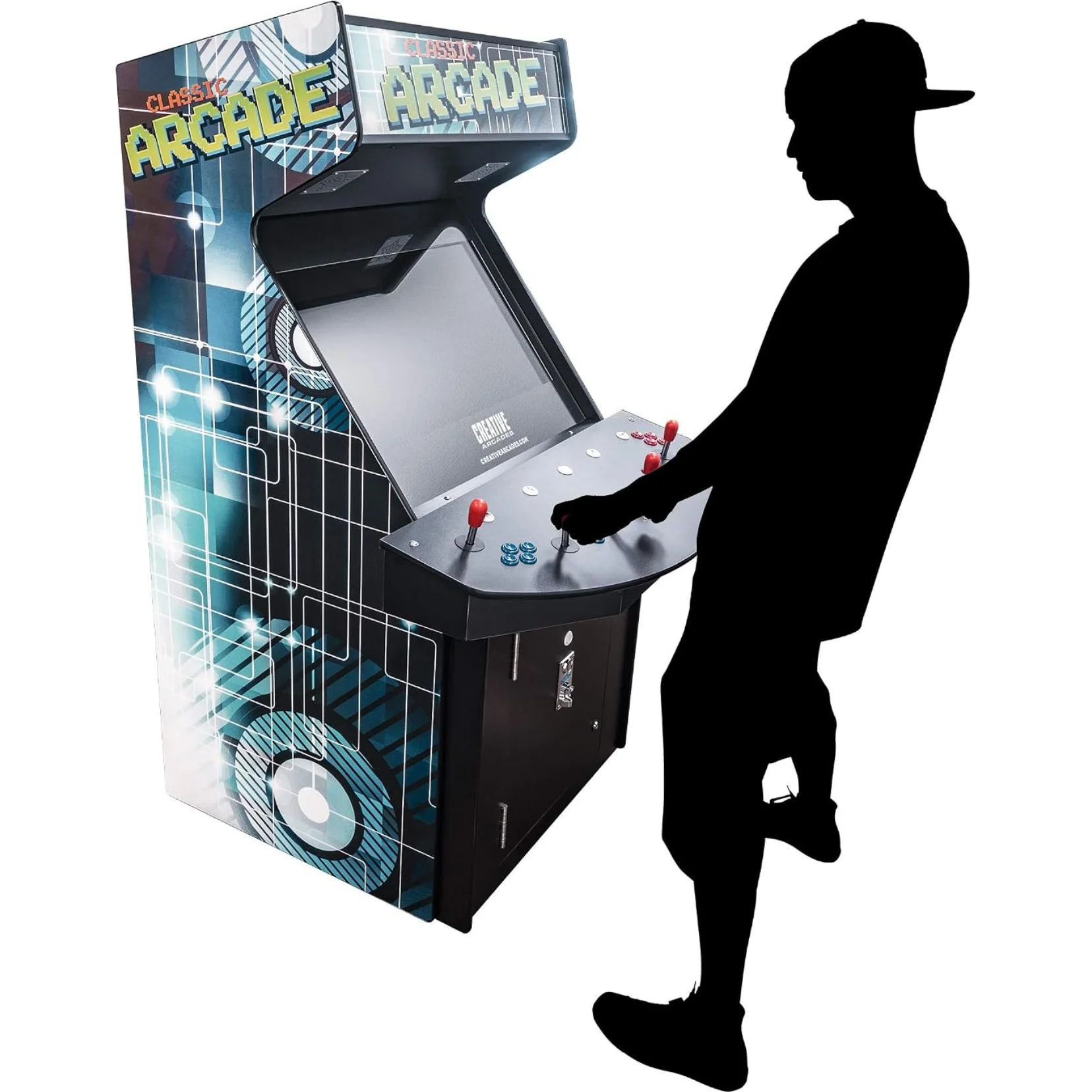 FULL S!ZE STAND-UP COMMERC!AL GRADE ARCADE MACH!NE 4 PLAYER 3500 GAMES 32 INCH LCD SCREEN 4 SANWA JOYST!CKS TRACKBALL 2 STOOLS INCLUDED 3 YEAR WARRANTY