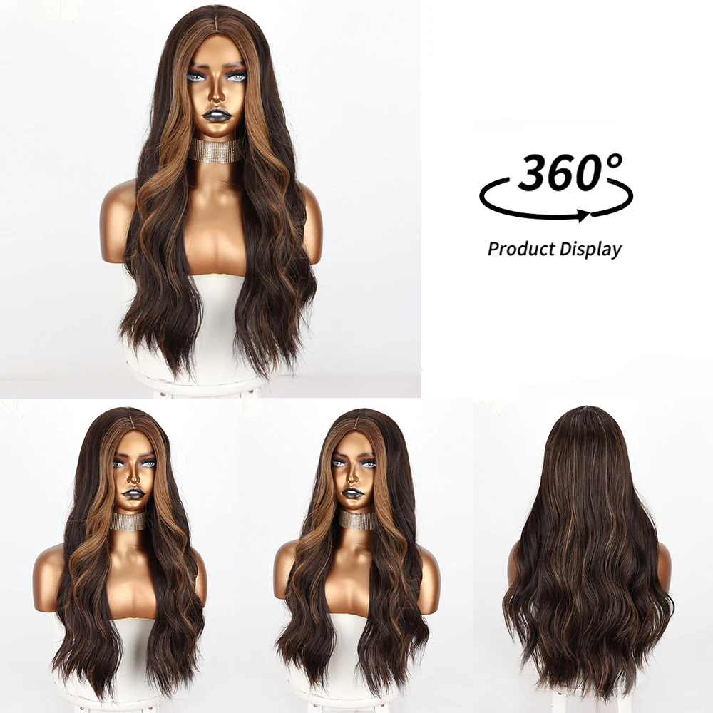 Long Brown Ombre Synthetic Wigs for Women Natural Hair Wavy Wigs Middle Part Female Wig Cosplay Heat Resistant Fiber Wigs