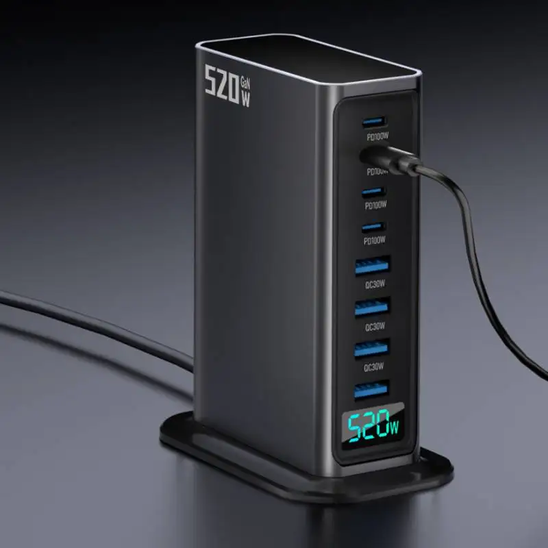 

520W GaN Desktop Charger 8-Port 4 USB-C+4 USB-A PD 100W Fast Charger Hub USB Type C Mobile Phone Power Charger Station