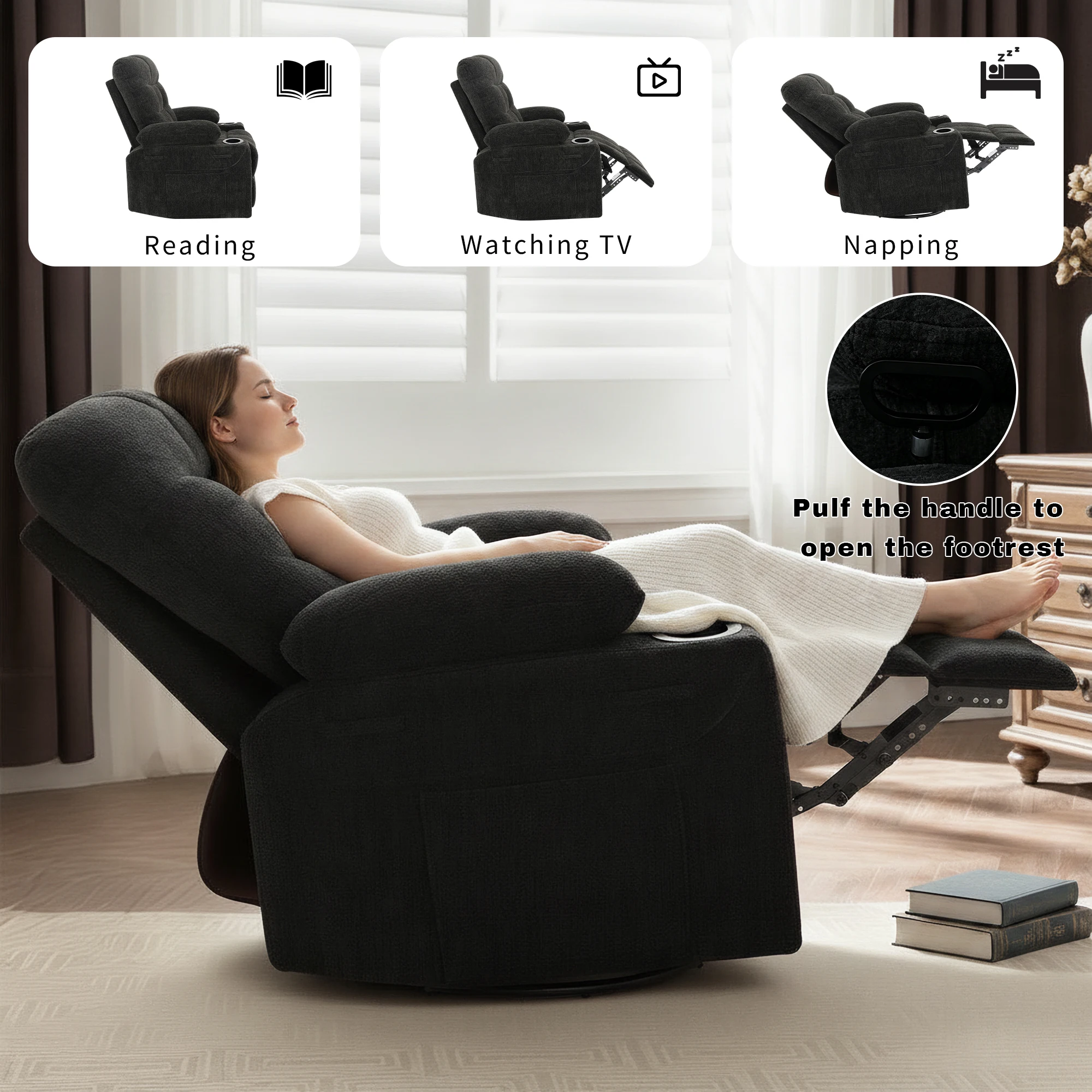 Chenille Fabric Rocking Swivel Recliner Chair, 360 Degree Rotation Massage Heated Recliner Sofa Chair with Remote Control for Home Office