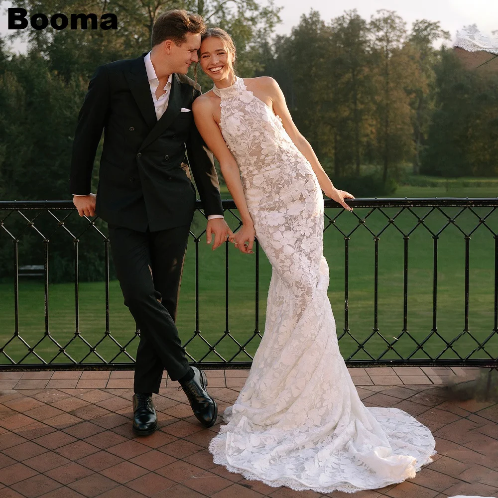 

Booma Generous Mermaid Wedding Dresses Halter Flowers Lace Brides Dress with Train Backless Bridals Gowns Customized