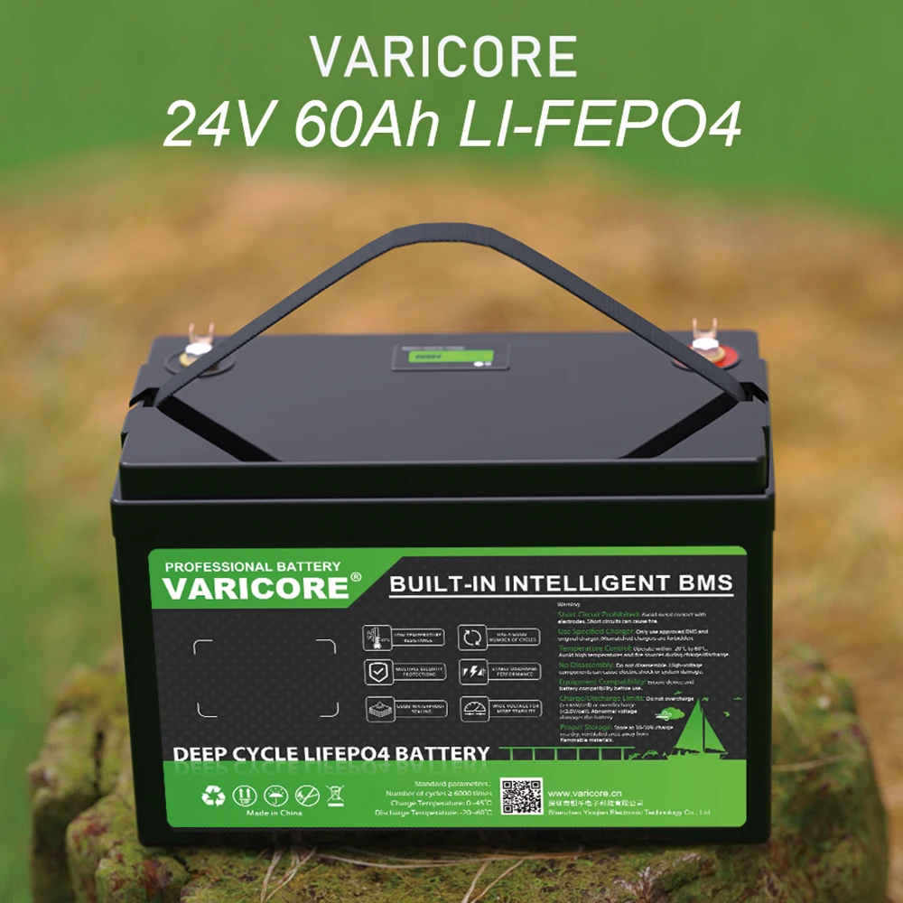 VariCore 24V 60Ah LiFePO4 Batterie mit eingebautem BMS, 100A Entladung, LCD, 6000+ Zyklen für Wohnmobile, Solaranlagen, Boote, Notstromversorgung für Zuhause