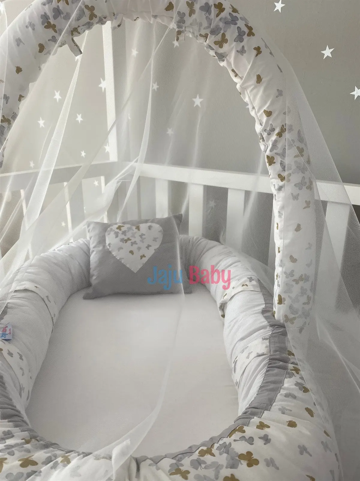 Handmade Gray Butterfly Patterned Mosquito Net and Toy Hanger Luxury Design Babynest