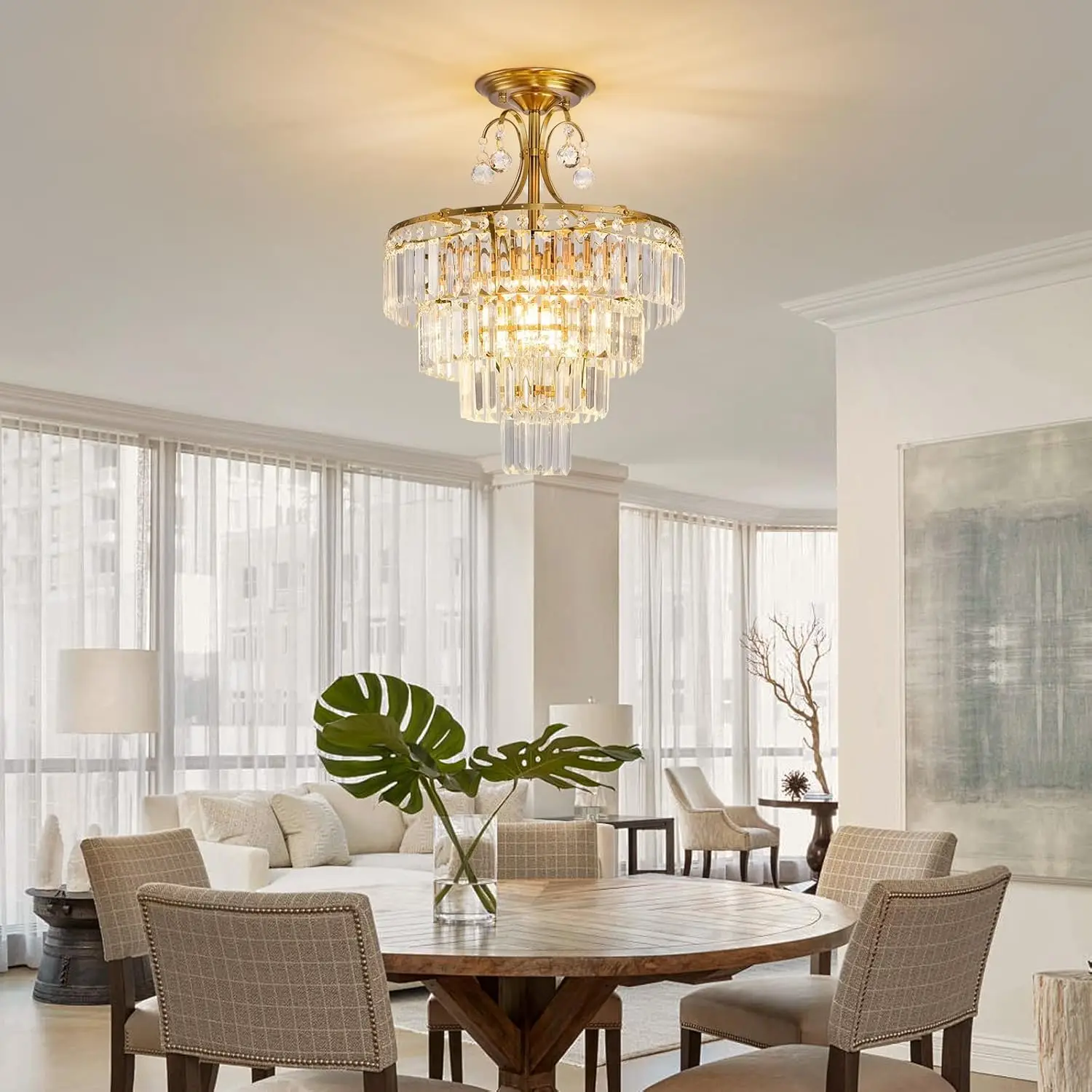 Gold Crystal Chandelier Fixture Modern Semi Flush Mount Ceiling Light Ceiling Lighting