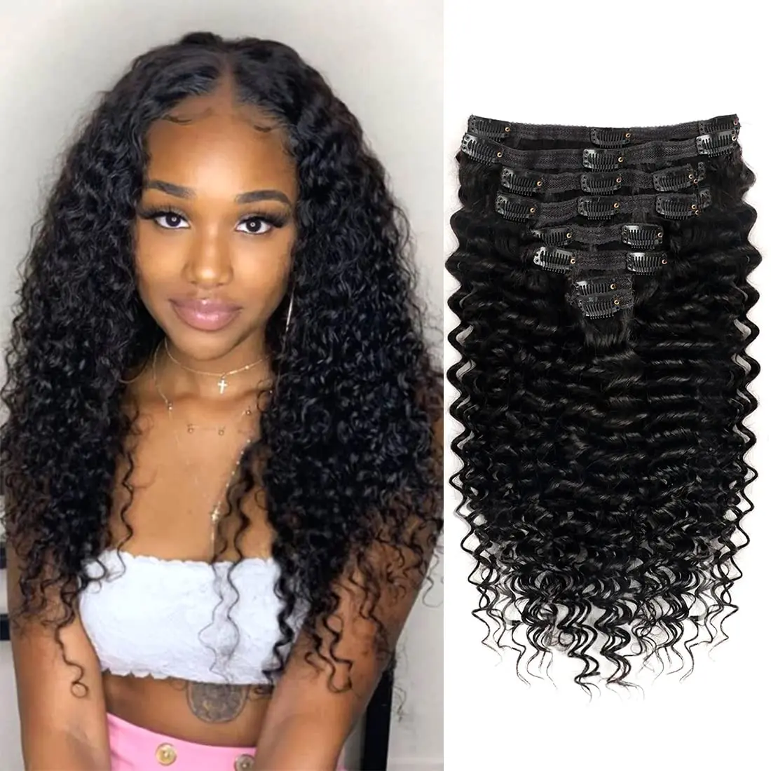 18 Clips In Hair Extensions Natural Color Brazilian Deep Wave 100% Human Hair 8 Pieces 10-26 Inches Hair Extension for Women