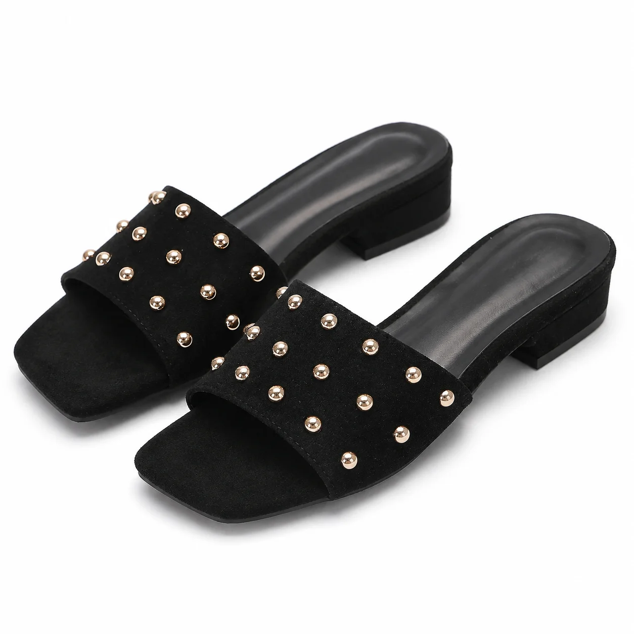 Plus Size Women Summer Studded Slide Sandals Square Toe Low Block Heel Slip On Mules Casual Comfortable Open Toe Dress Shoes