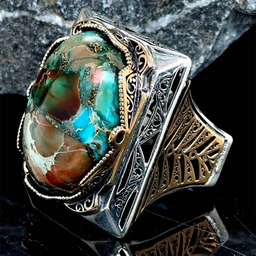 925k Sterling Silver Ottoman Style Handmade Large Oval Multicolor Turquoise Stone Ring