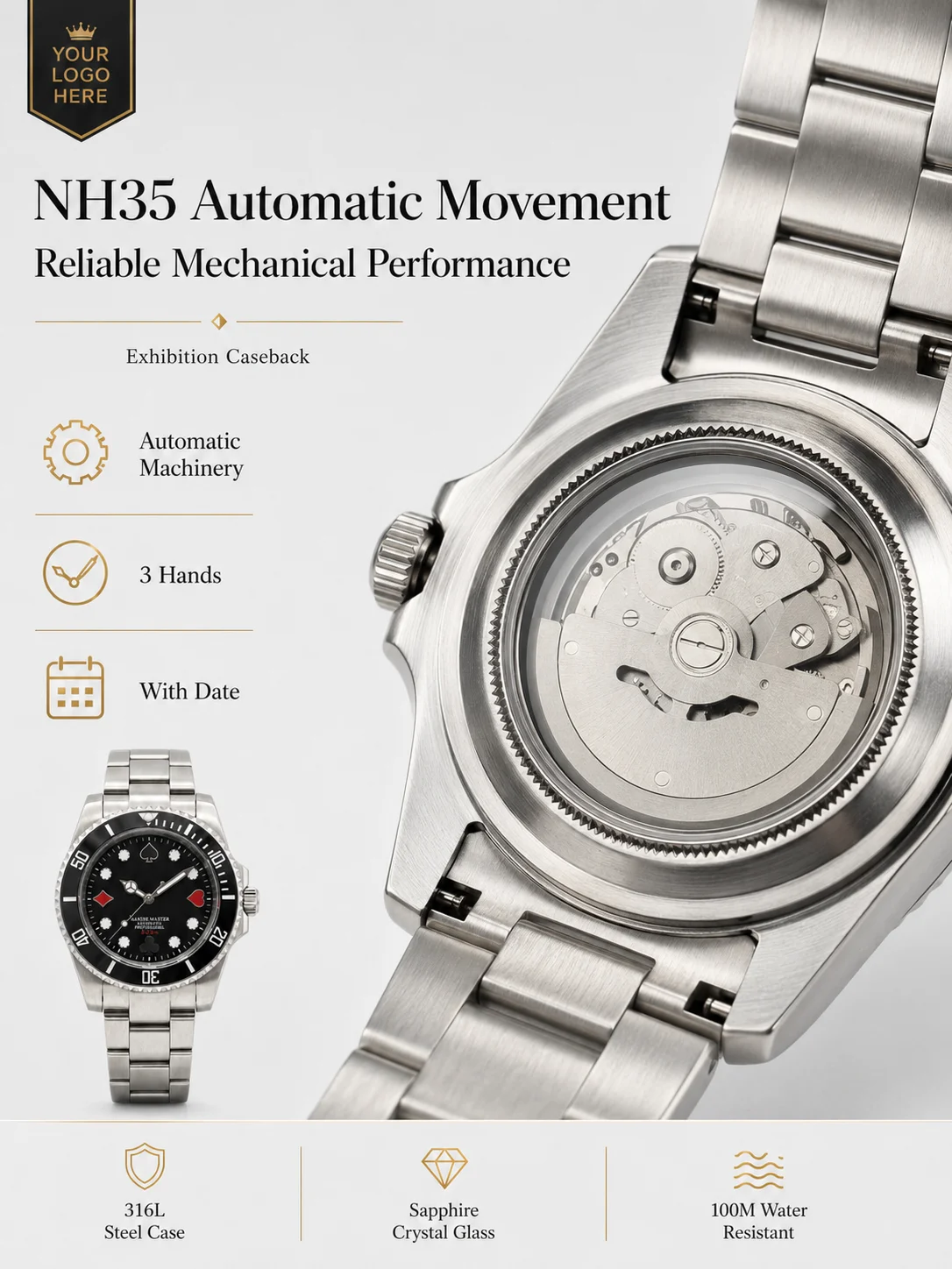 Automatikuhr mit Eigenem Logo NH35 für Herren 40mm Saphirglas 316L Edelstahl Taucherstil Mechanische Armbanduhr 100M Wasserdicht – Detail 3