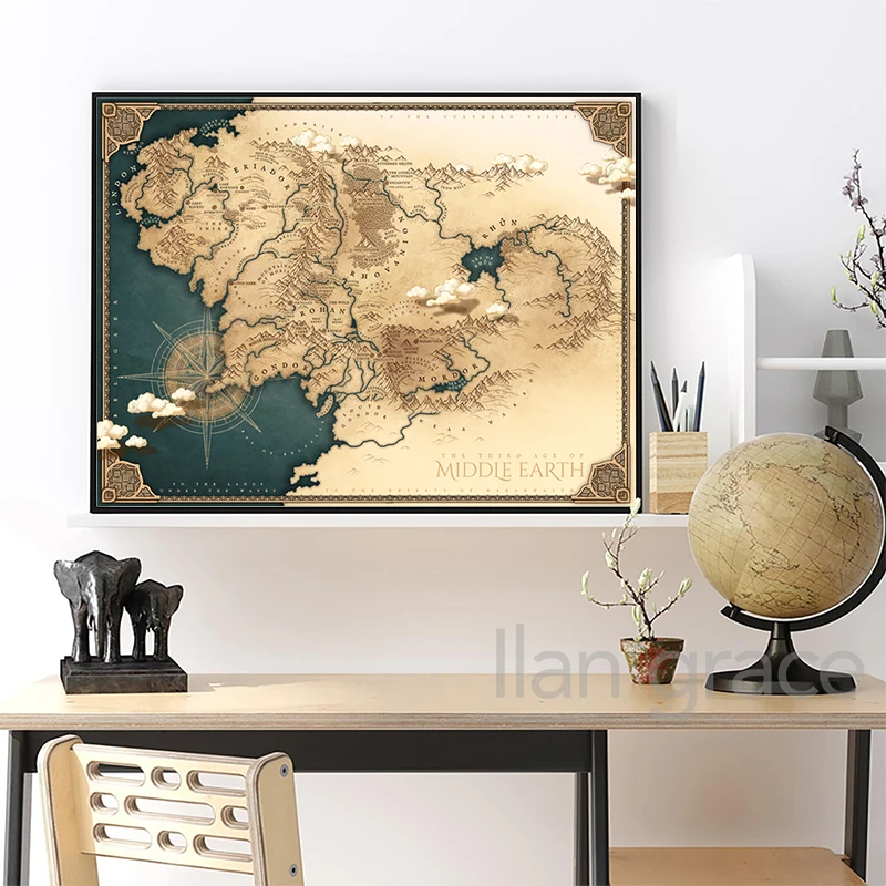تولكين خريطة الأرض الوسطى الملصقات الظلام الخيال الفن يطبع خريطة البرية قماش اللوحة زمالة جدار صور الأولاد غرفة ديكور