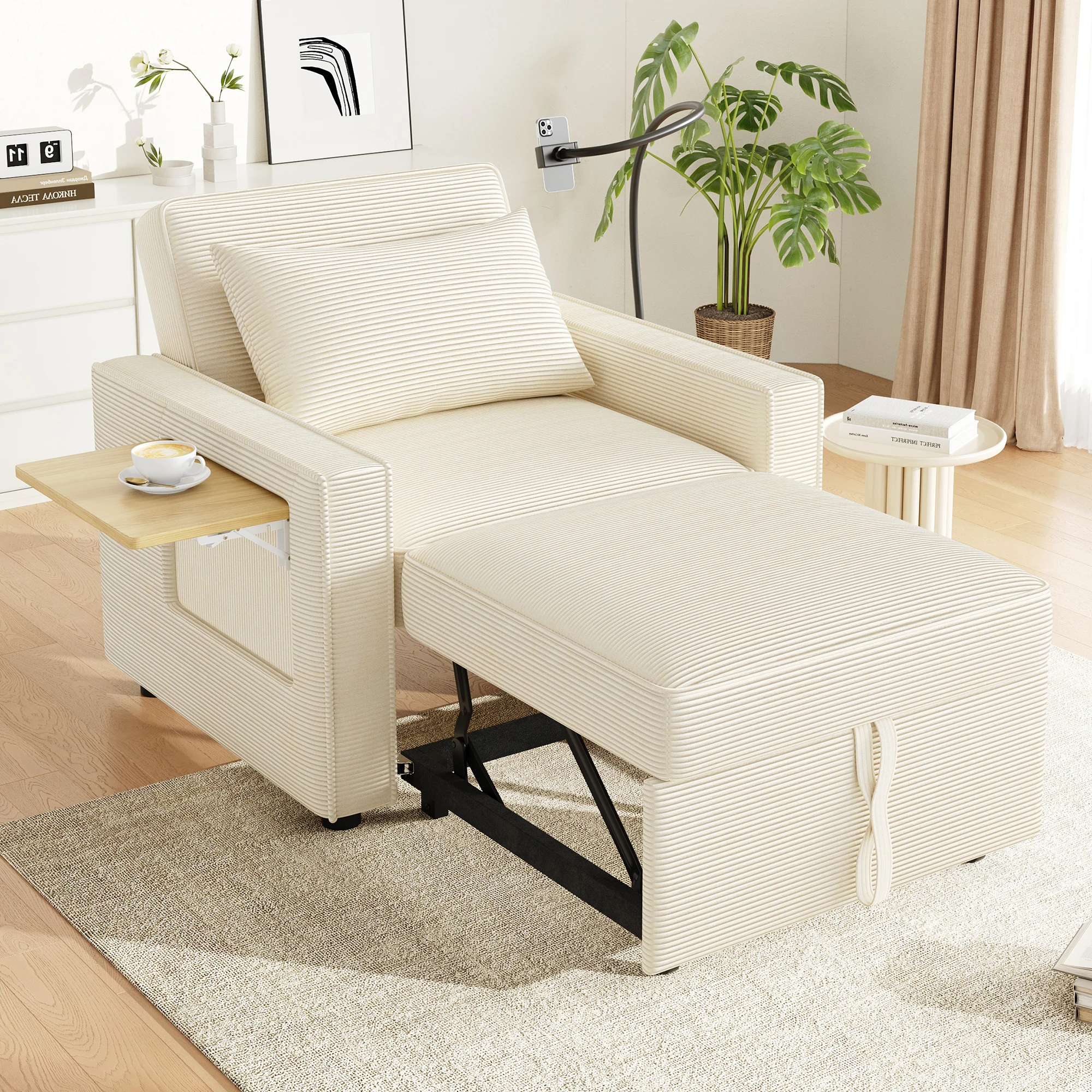 Multifunktionales 1-Sitzer Schlafsofa, faltbares Relaxsessel Sofa Bett mit USB- & Type-C-Anschluss, 360° Handyhalter & Beistelltisch, 3-fach verstellbare Rückenlehne (108°/138°/180°) – platzsparend