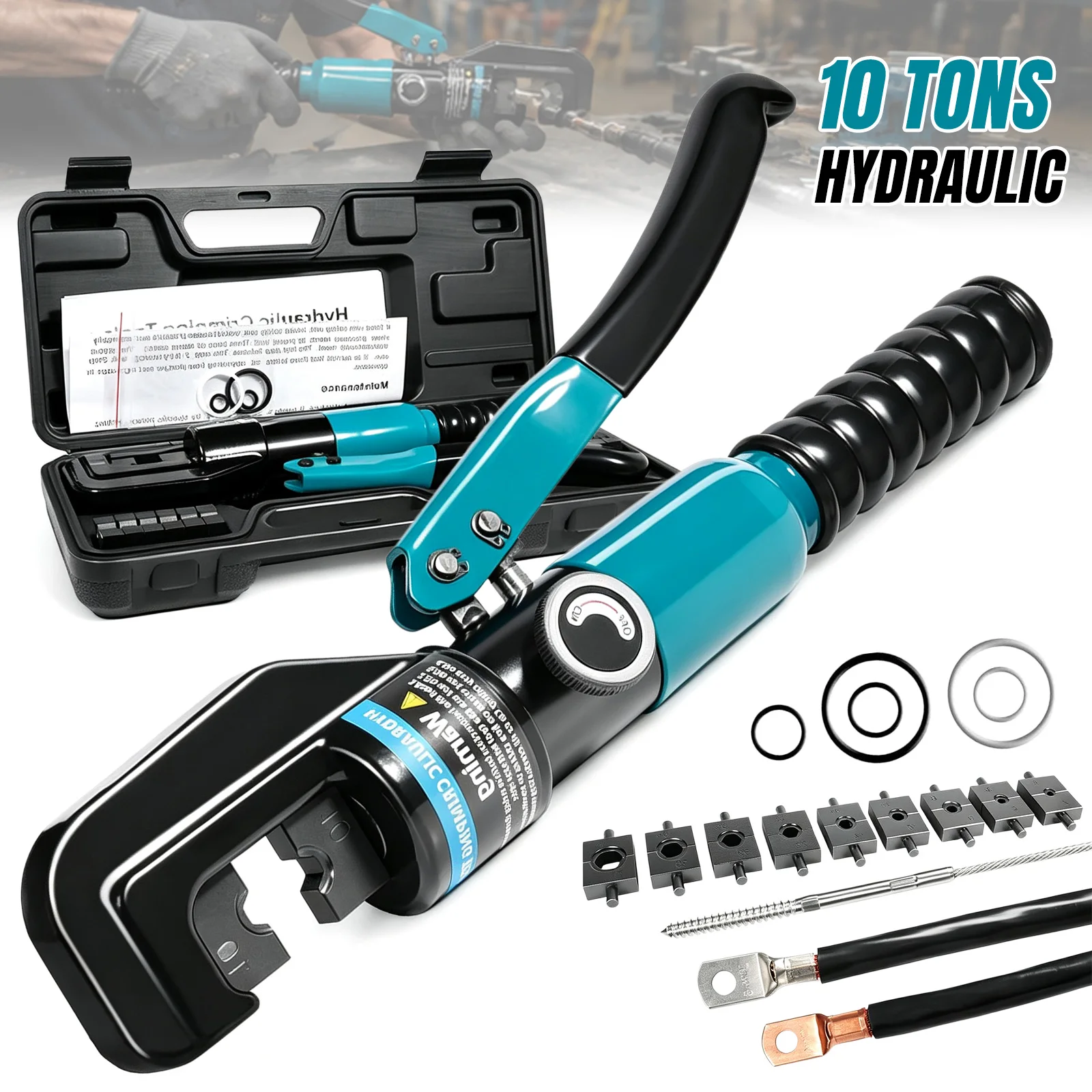 10-Tonnen-Hydraulik-Crimpzange mit 9 Matrizensätzen, manuelle Kabelcrimpzange für 16-70mm² (6AWG-2/0AWG) Batteriekabel, Kabelschuhe und Edelstahl-Geländerkabel, elektrische Crimpzange für