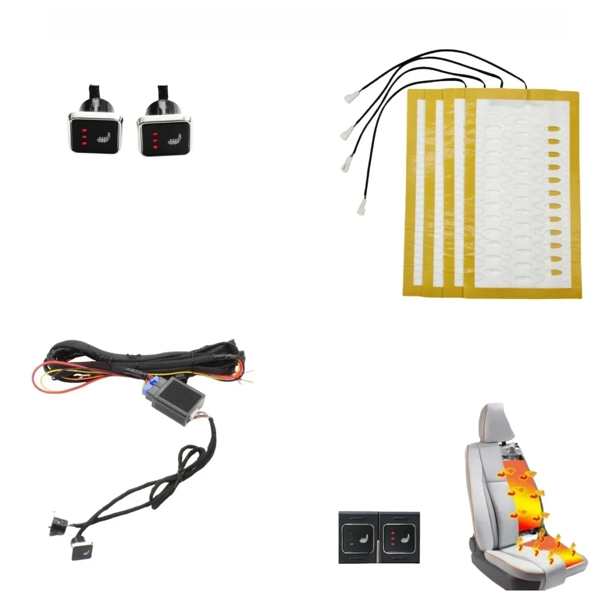 12V Universal Built In Car Seat Heater Kit Fit 2 Seats Alloy Wire Heating Pads 3 Levels Dual Control Heated square Switch System
