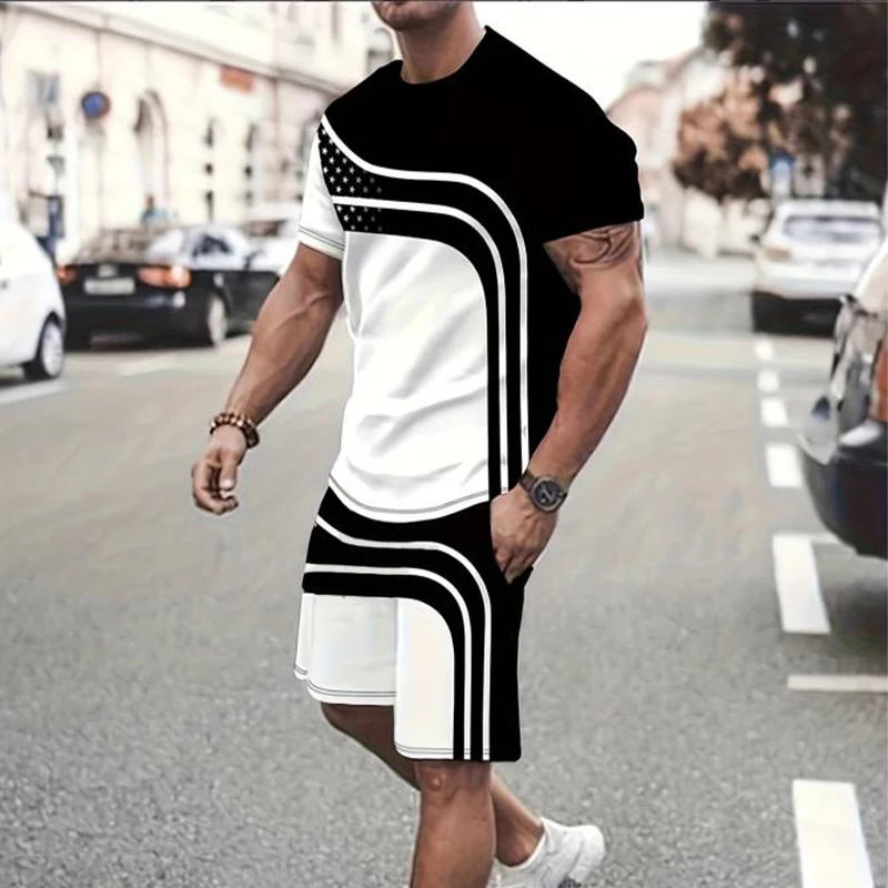 Boutique men's summer casual sports short sleeve suit simple patchwork printed round neck T-shirt pocket shorts suit