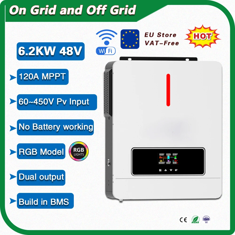 6200W 48V Dual Output RGB Light 90-500VDC 120A MPPT Charger Controller on/off Grid With BMS Solar Inverter Work without battery