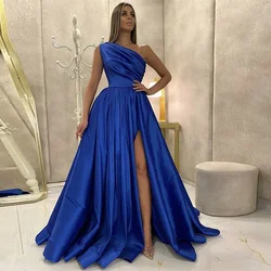 Women's One Shoulder Satin Prom Dresses Floor Length High Slit Pleated Evening Dress with Pockets Formal Evening Gowns