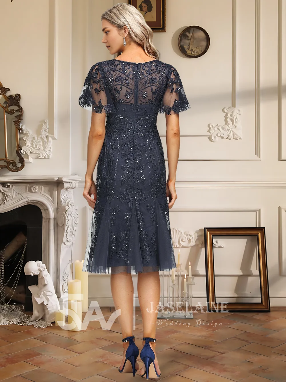 Evening Dress Women's Trumpet Mermaid Scoop Knee-Length Tulle Lace Sequined Short Sleeve Summer Formal Prom Wedding Party Dress