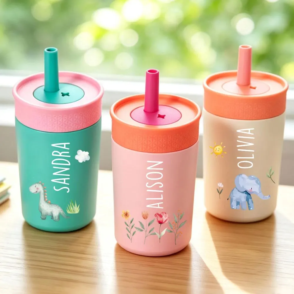 Personalized Kids Tumbler Custom Name Dinosaur Elephant Flower Print Stainless Steel Straw Cup Toddler Birthday Back To School G