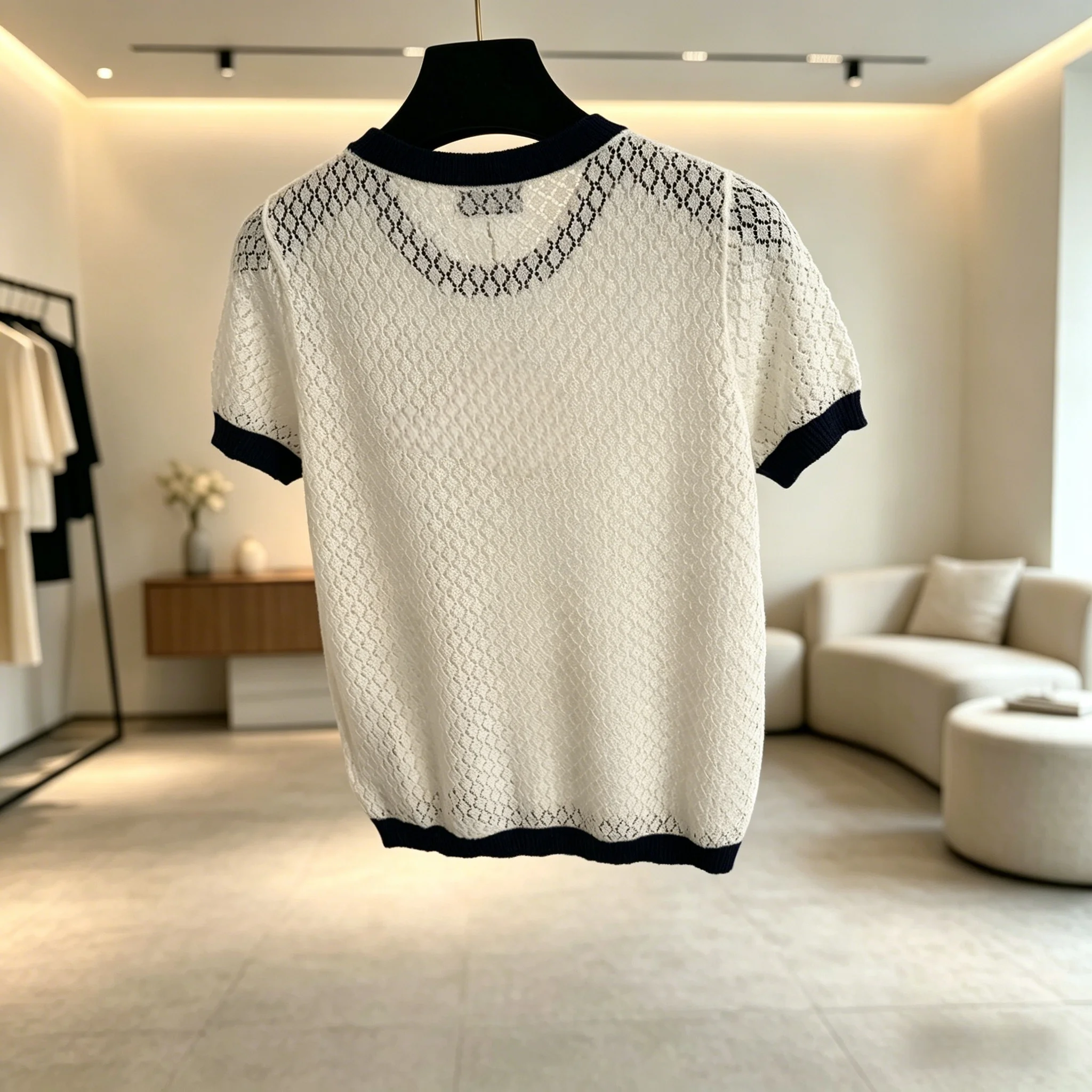 

2026 Summer Women's Breathable Crochet Knit Top Contrast Trim Short Sleeve Tee ZX18557