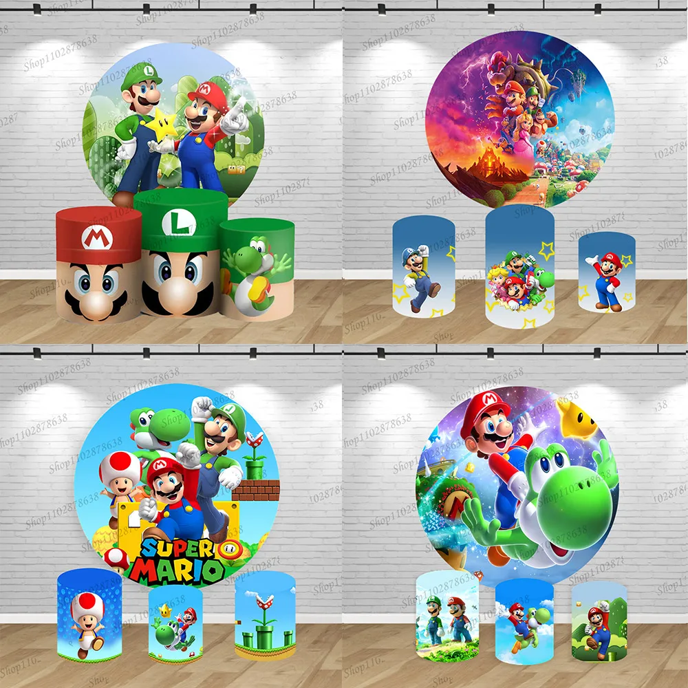 

Фон для фотосессии на день рождения детей «Супер Марио»: круглый декор с Марио, Луиджи, Тоудом и Йоши