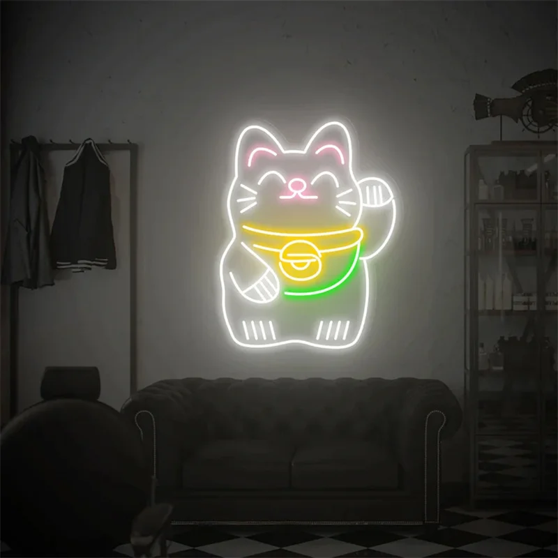 Letrero de neón de gato de la suerte, señal de neón de Anime, gatito de la suerte, Maneki Neko, letrero de neón personalizado, letrero Led para negocios