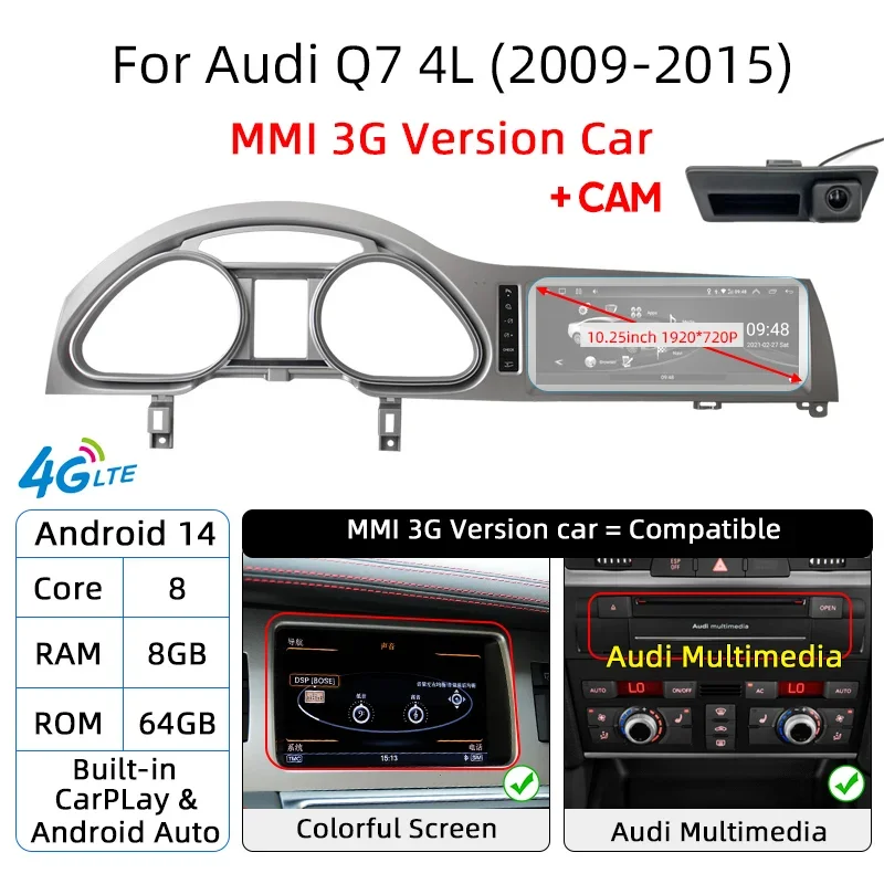 Nunoo Android 14 CarPlay Für Audi Q7 4L 2005-2015 MMI 2G 3G Auto Multimedia GPS Navigation Auto Radio Bildschirm mit Hinten Kamera DSP