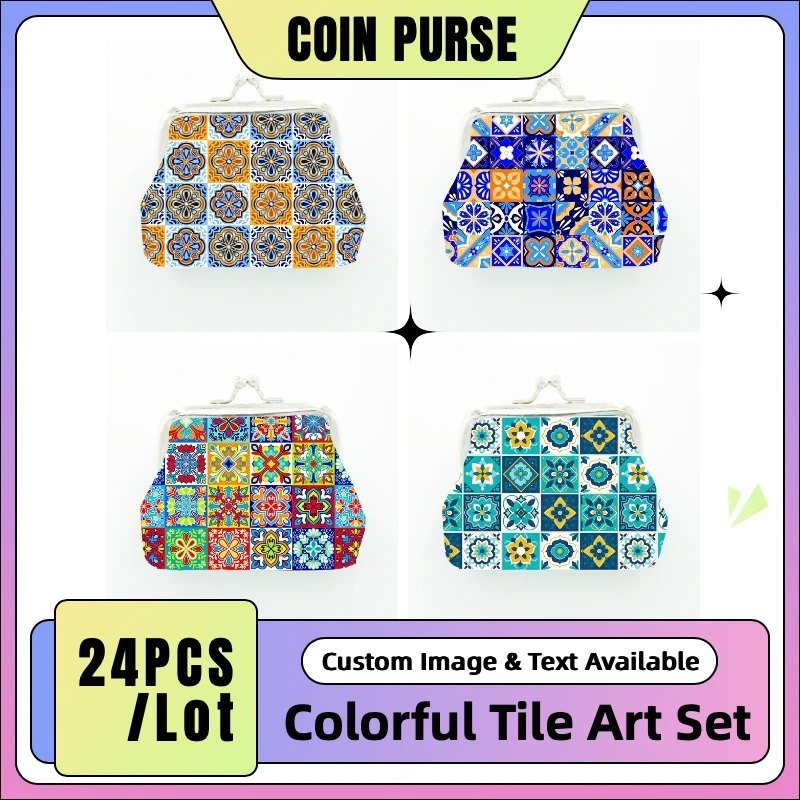 

24PCS/Lot 3’ Coin Purse, PU Leather, Mini Wallet, Colorful Tile Art Print, Ethnic Mosaic Pattern, Souvenir Gift, Daily Use Bag