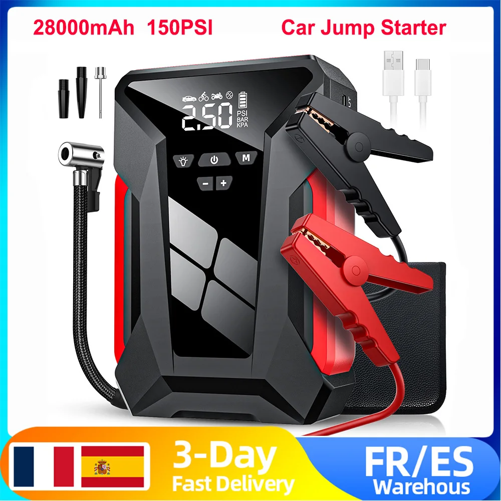 Portable 28000mAh Car Jump Starter 150PSI Tire Inflator Multifunctional Automotive Emergency Power Powerbank Air Pump with Bag