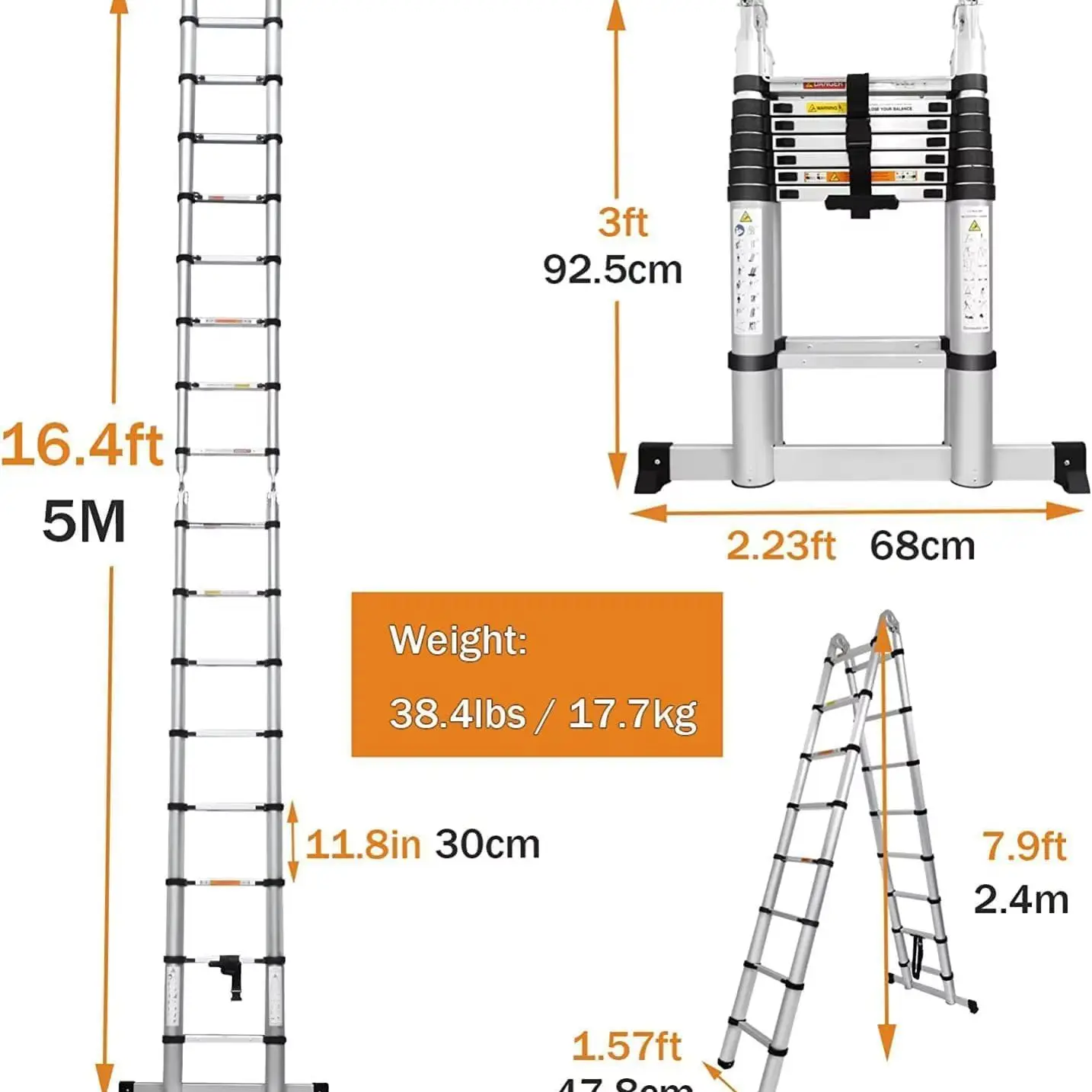 Drabiny teleskopowe 5M, drabina teleskopowa 16.5 FT (ok. 5m) dwufunkcyjna, metalowa drabina teleskopowa ze stabilizatorem, kompaktowa drabina schodkowa, udźwig 150 kg (2.5M+2.5M) — 2