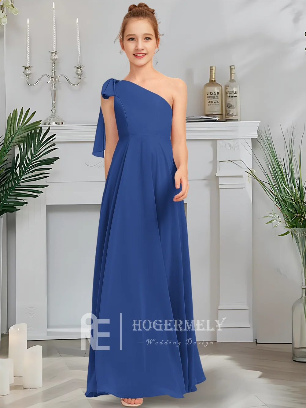 

A Kids Child One Shoulder Junior Bridesmaid Dress Rose Flower Girl Dress Floor-Length Chiffon With Cascading Bow Wedding