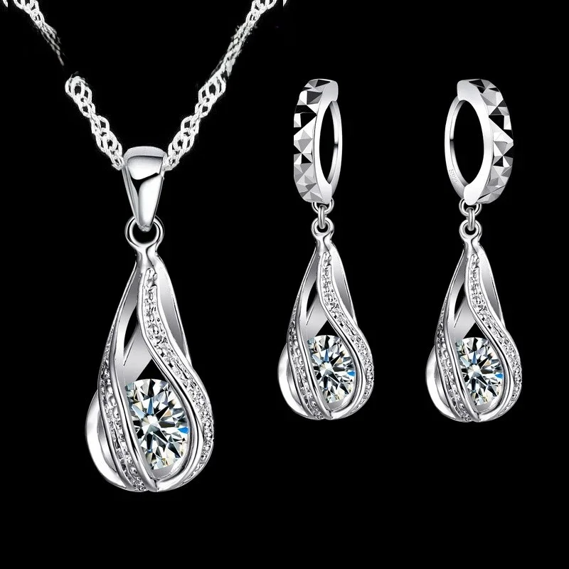 Heißwasser tropfen cz 925 Sterling Silber Schmuck Set für Frauen Anhänger Halskette Creolen