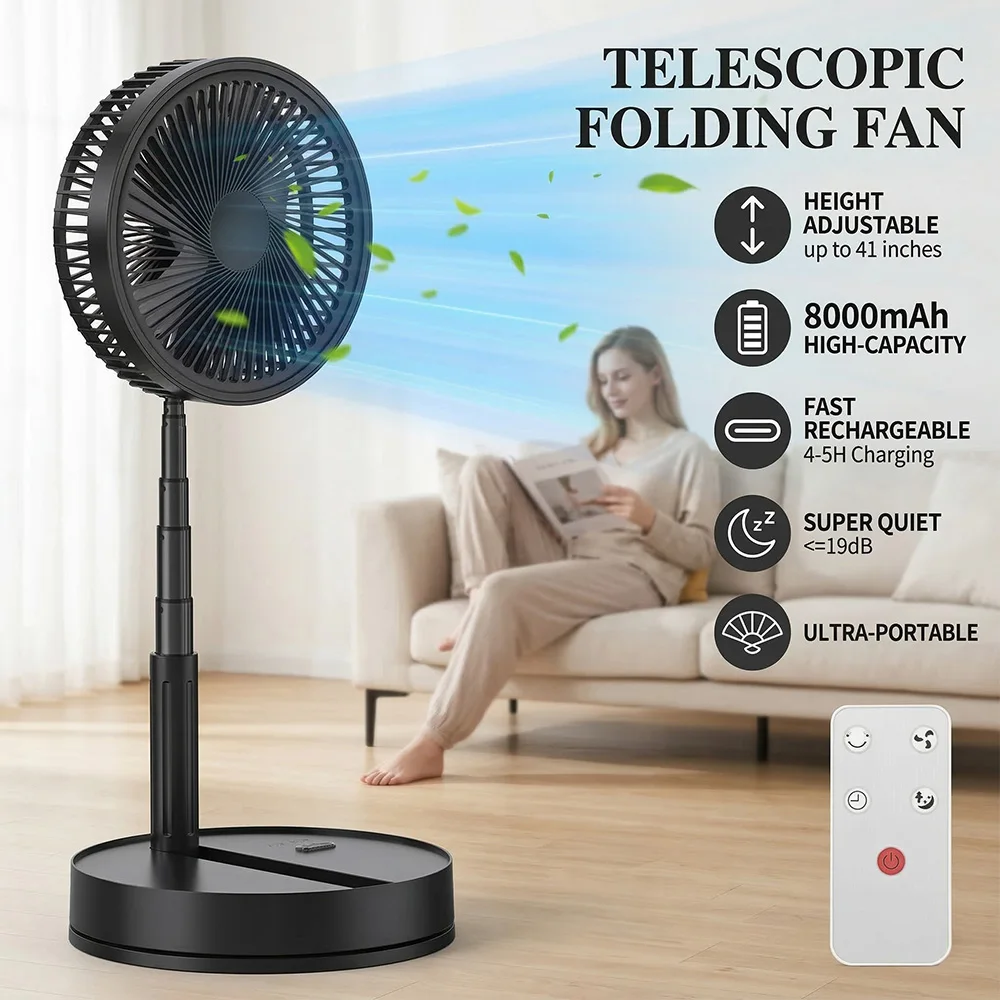 Ventilatore pieghevole di piccole dimensioni, 8000mAh, ricaricabile rapidamente, con telecomando, da pavimento, a 4 velocità, con timer, per ufficio, casa, esterno, barbecue