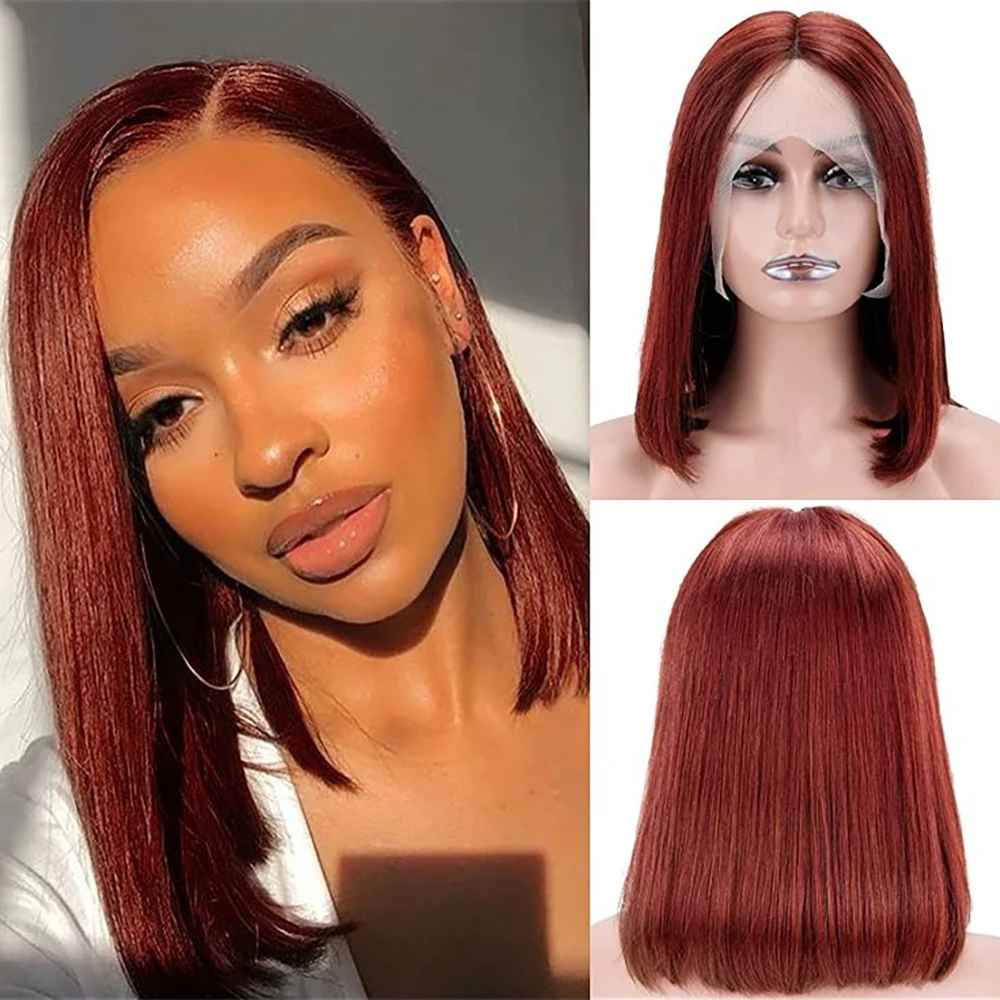 Peluca de cabello humano Bob marrón rojizo 13x4 HD peluca frontal de encaje transparente recta 33 #   Shot Bob peluca 8-14 pulgadas 180 de densidad para mujeres
