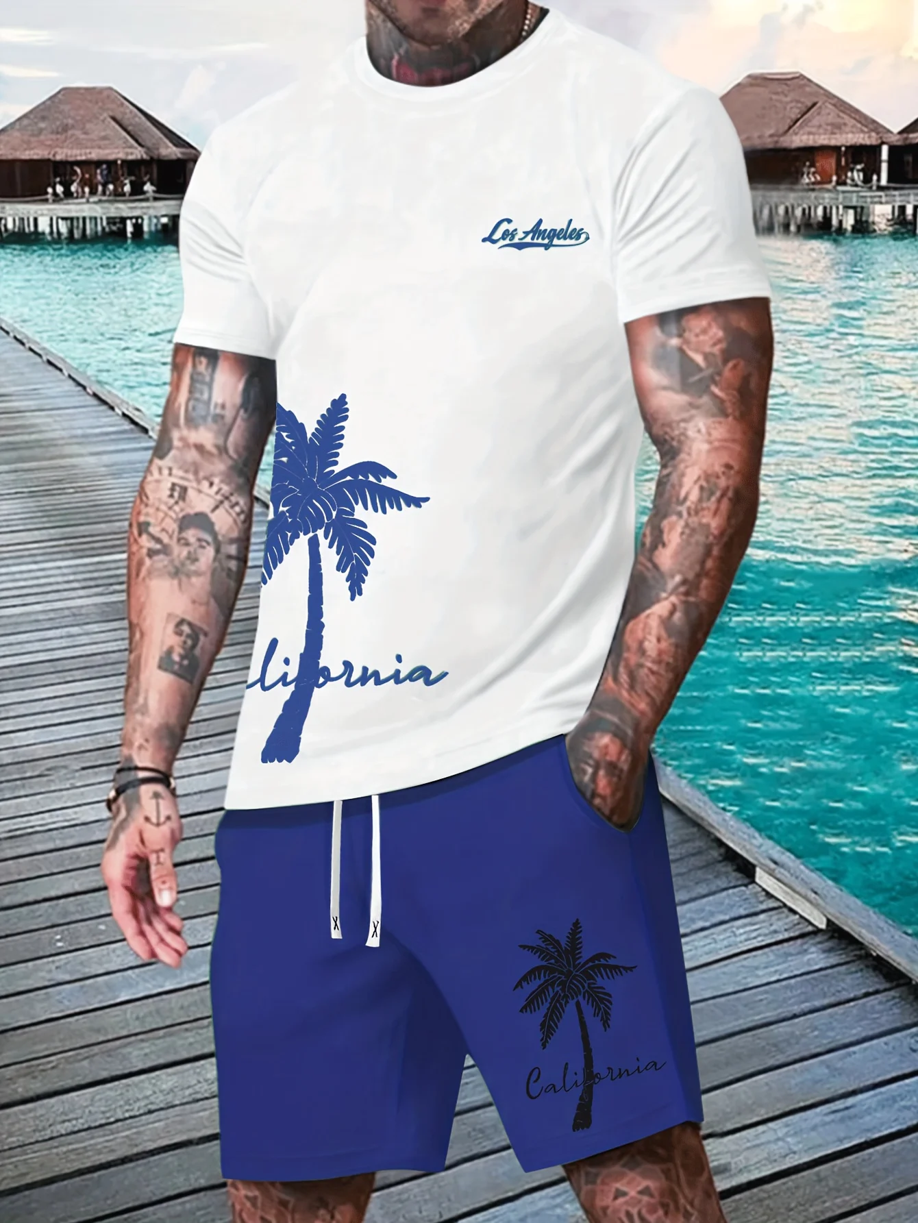 Summer Refreshing Coconut Print Men\'s Casual Short-Sleeved T-Shirt And Shorts Set Fashionable Suitable For Spring And Summer