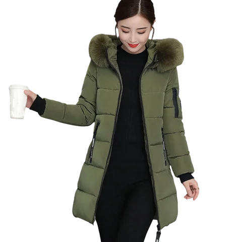 Winter Warm Fur Collar Hooded Women Parka Fashion Comfortable Zipper Pockets Design Long Jacket Elegant Slim Thick Female Coats