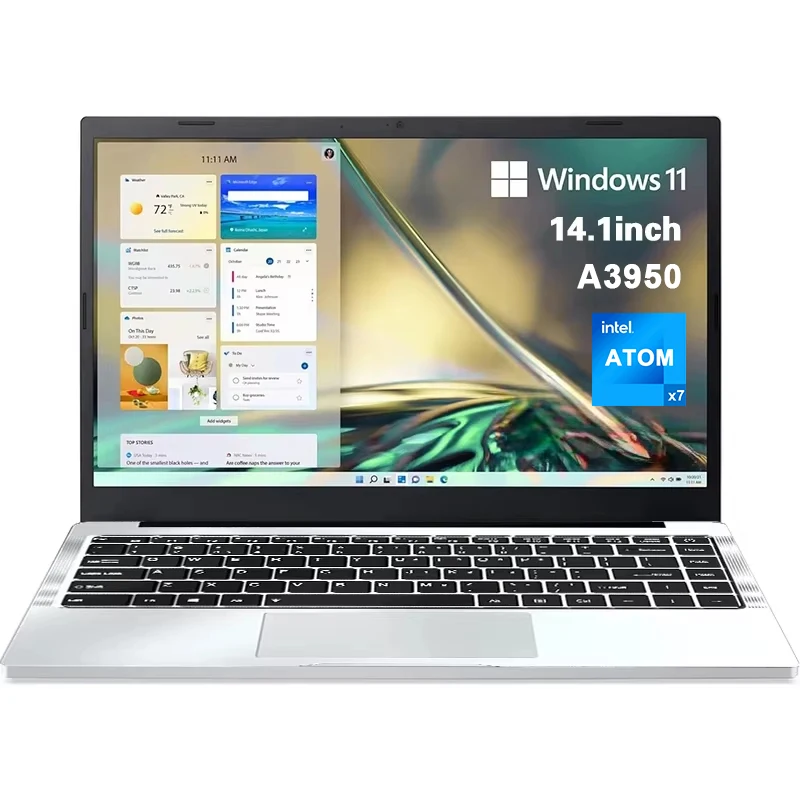 FUCHU Nieuwe Kantoorlaptop Intel Atom A3950 12GB RAM 2TB SSD Gaming PC 1920*1080 HD Scherm Studiecomputer 14.1" PC Windows 11 Pro Ultradun