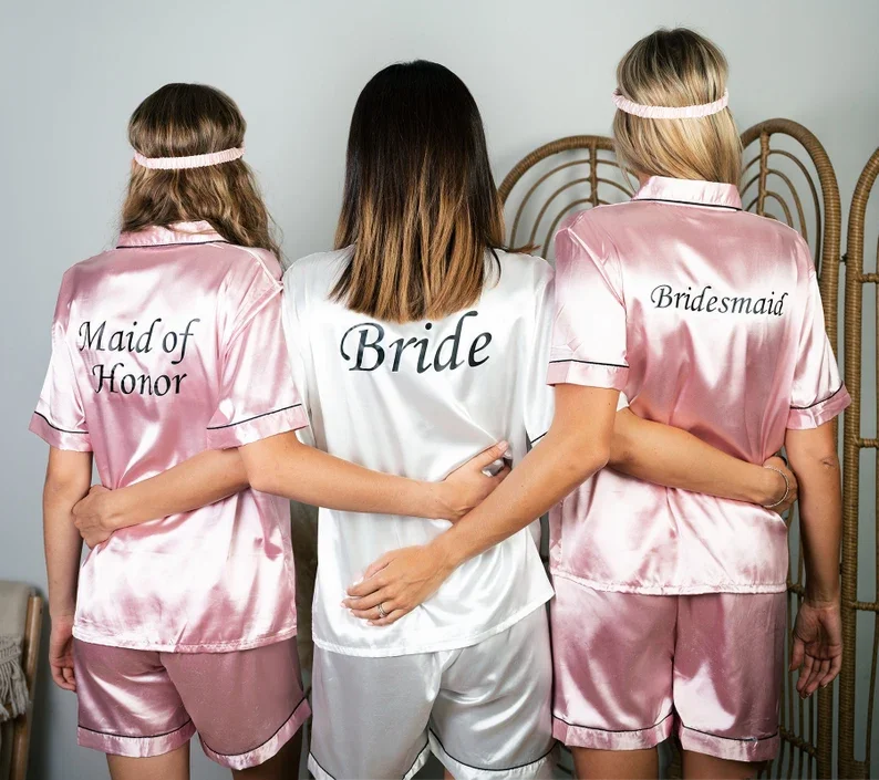 Bridesmaid Satin Pjs Set Short Sleeves + Shorts Customized Silk Bride Pajamas with Initials Names Bachelorette Custom Pajama