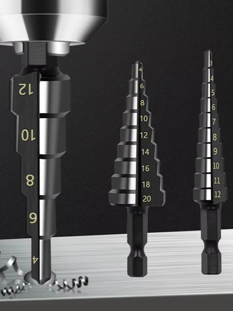 3個入り HSS ストレート溝ステップドリルビット 3-12mm 4-12mm 4-20mm 窒化黒色 六角 木工 金属 穴あけ工具セット